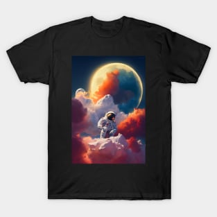 Astronaut sitting on clouds with red smoke in space with moon in the background T-Shirt